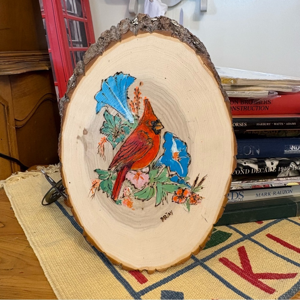 Hand Painted Cardinal Painting On Live Edge Oval Wood Slice Plaque Wall Hanging